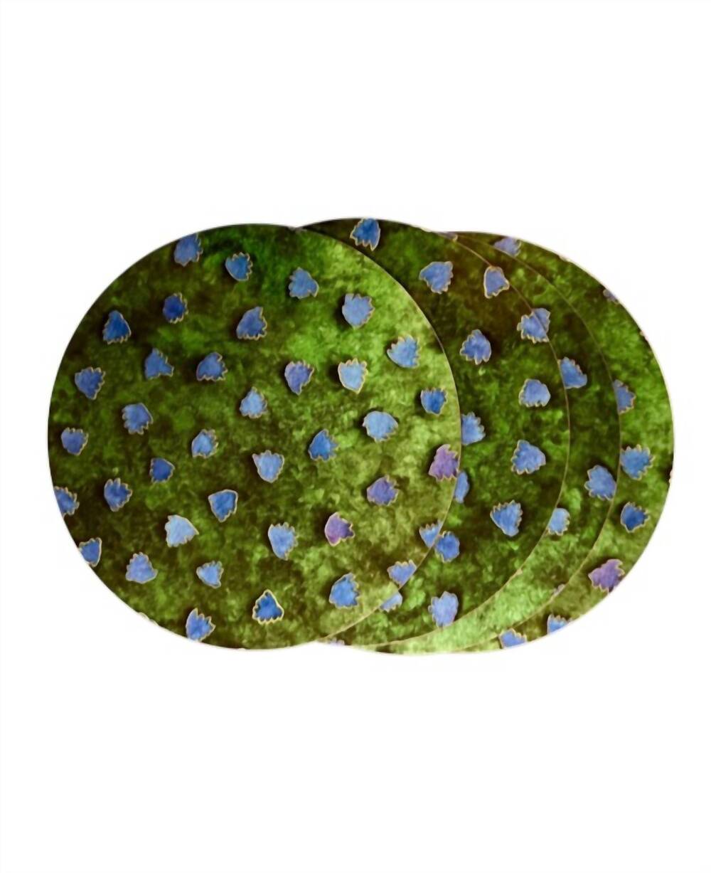 NEW NINA D round cork back placemats in dark green with blue splash